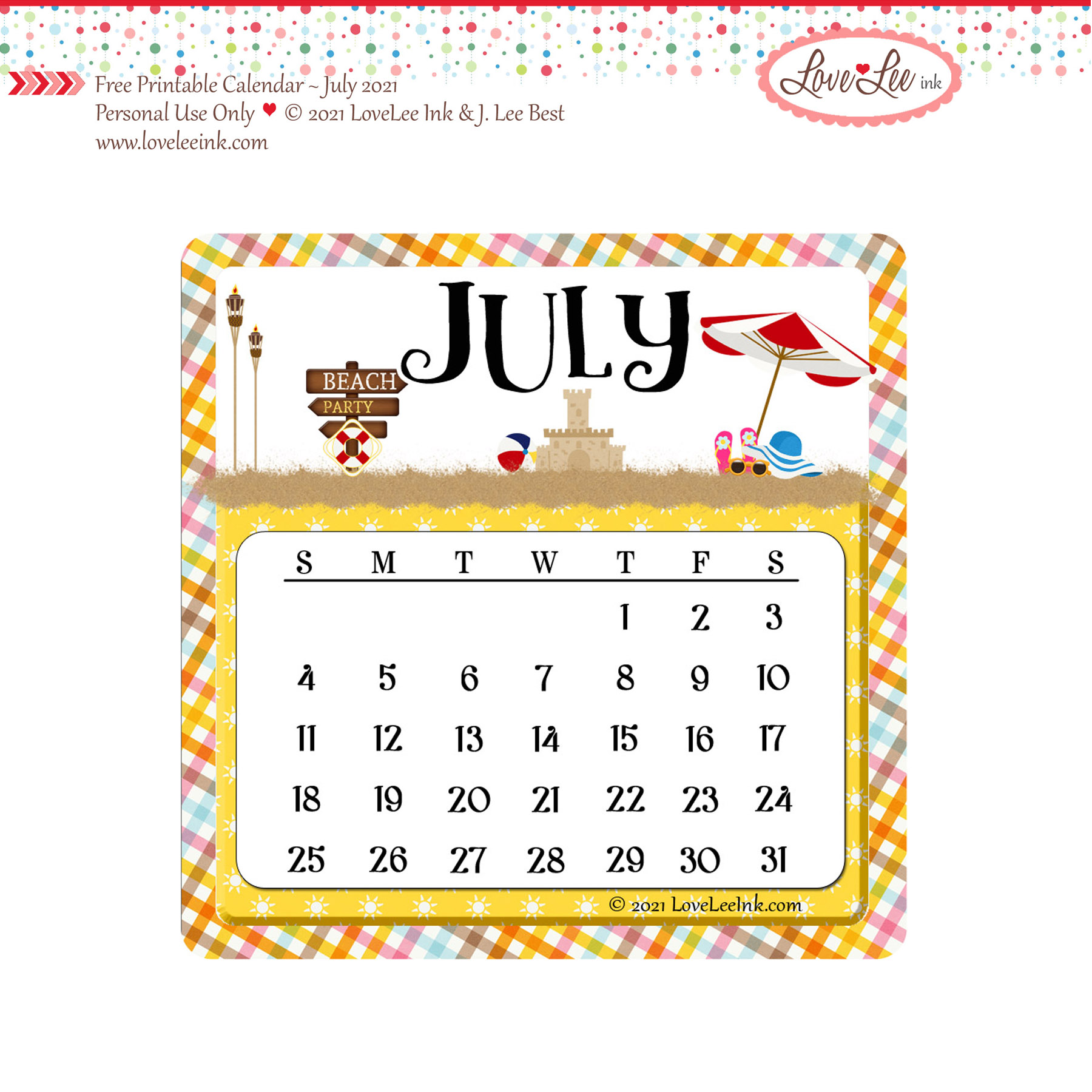Free Printable Calendar July 2021 LoveLee Ink