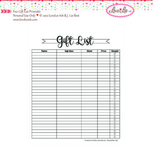 Free Customizable Gift List Printable ~ Personal Use Only