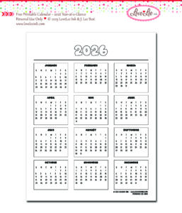 2026 Year-at-a-Glace Calendar Free Printable ~ Personal Use Only